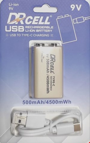 باتری کتابی شارژی یو اس بی دار 500 میلی آمپر DR CELL 9V 500mA
